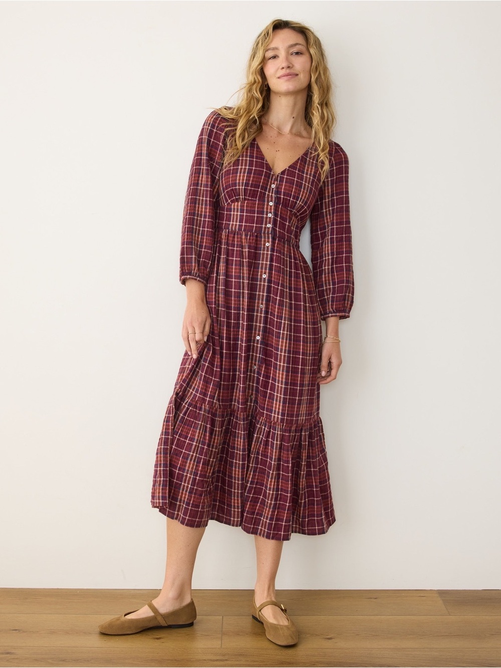 Marine Layer Maeve Midi Dress Tiered Merlot Plaid Burgundy Prairie Size XS